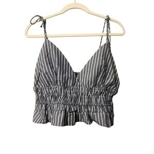 SIM & SAM Striped Smocked Ruffle Crop Top Tie Shoulder‎ Women's Size L